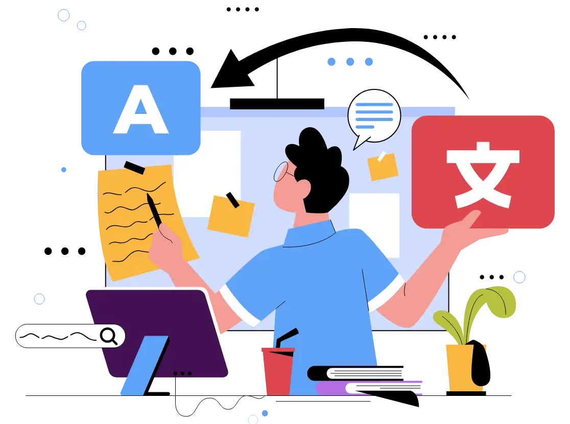 Professional translation services illustration showing multilingual communication and document translation